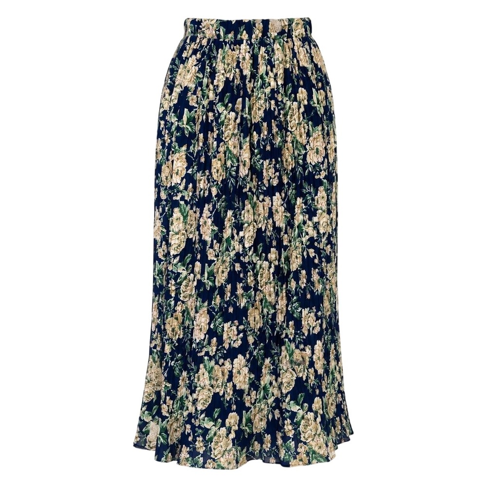 Vintage 90s Lisa Jo Floral Pleated Midi Skirt Navy Blue Cream Green Garden Chic